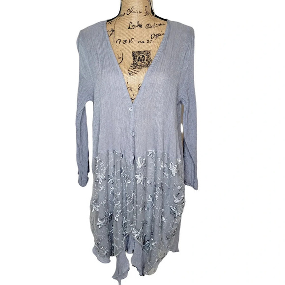 WILLOW AND JAYE Women's Embroidered Floral Mesh Crepe Cardigan Size Large Gray - Picture 1 of 16